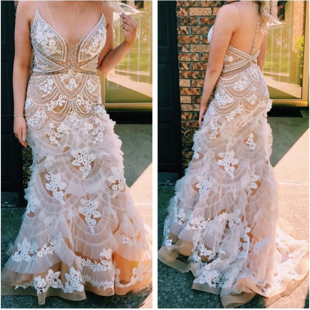 White and Beige Jovani prom dress